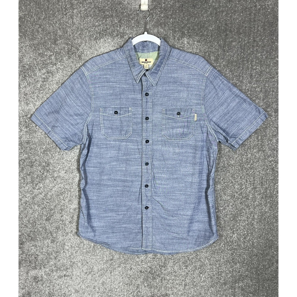 Woolrich Denim Button Up Shirt Mens Sz Large Chambray Blue Short Sleeve Pockets
